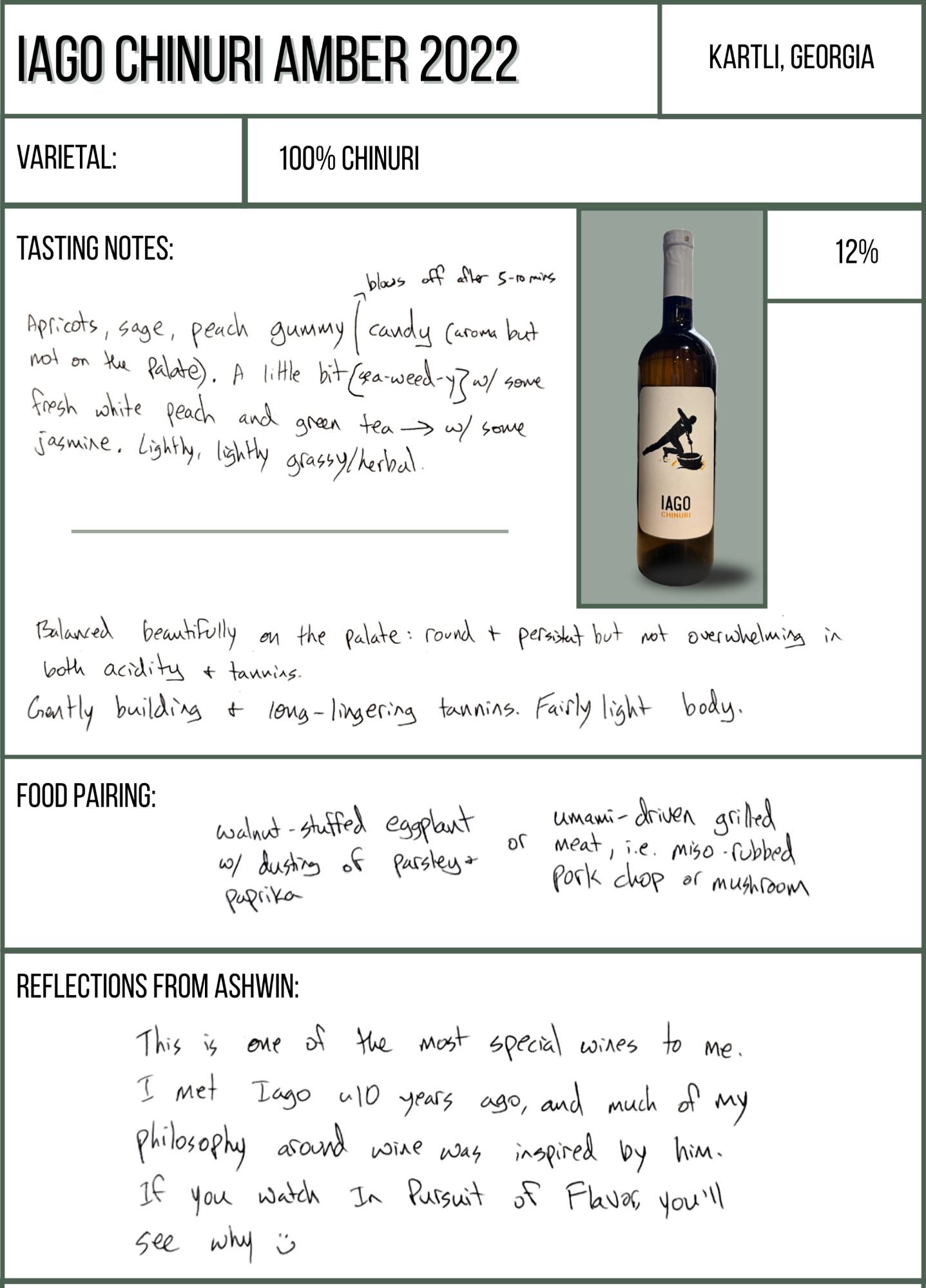 Wine label for Iago Chinuri Amber 2022 with tasting notes and food pairing suggestions.
